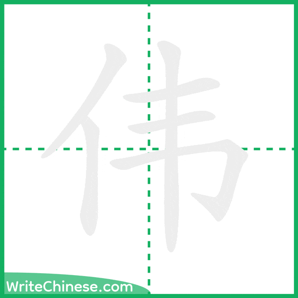 中国語の簡体字「伟」の筆順アニメーション