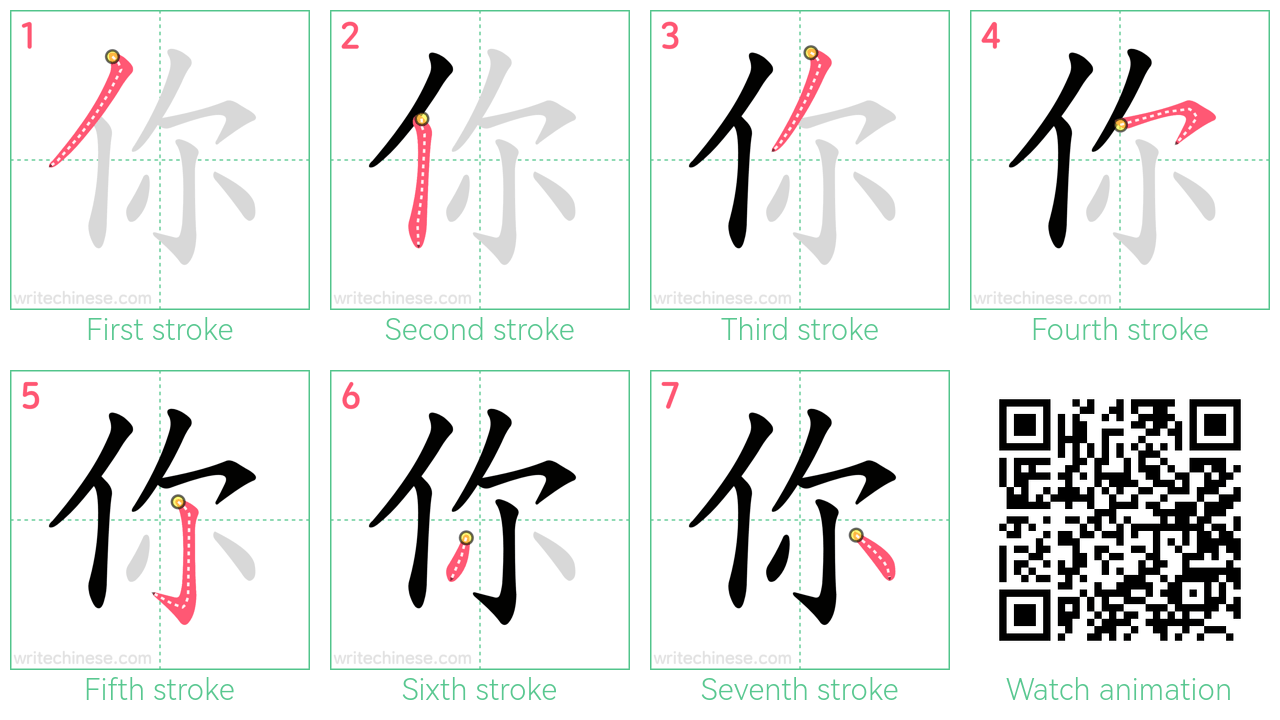 你 step-by-step stroke order diagrams