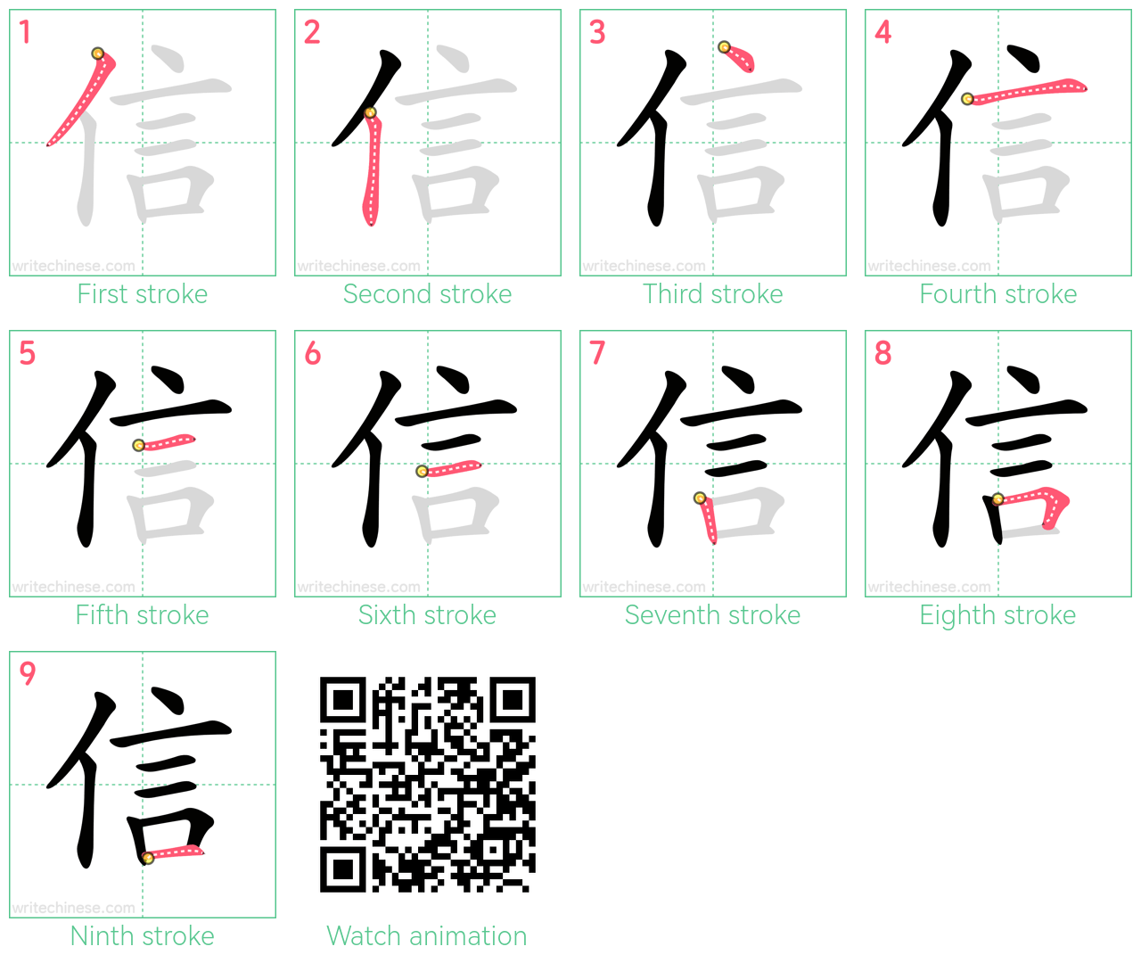 信 step-by-step stroke order diagrams