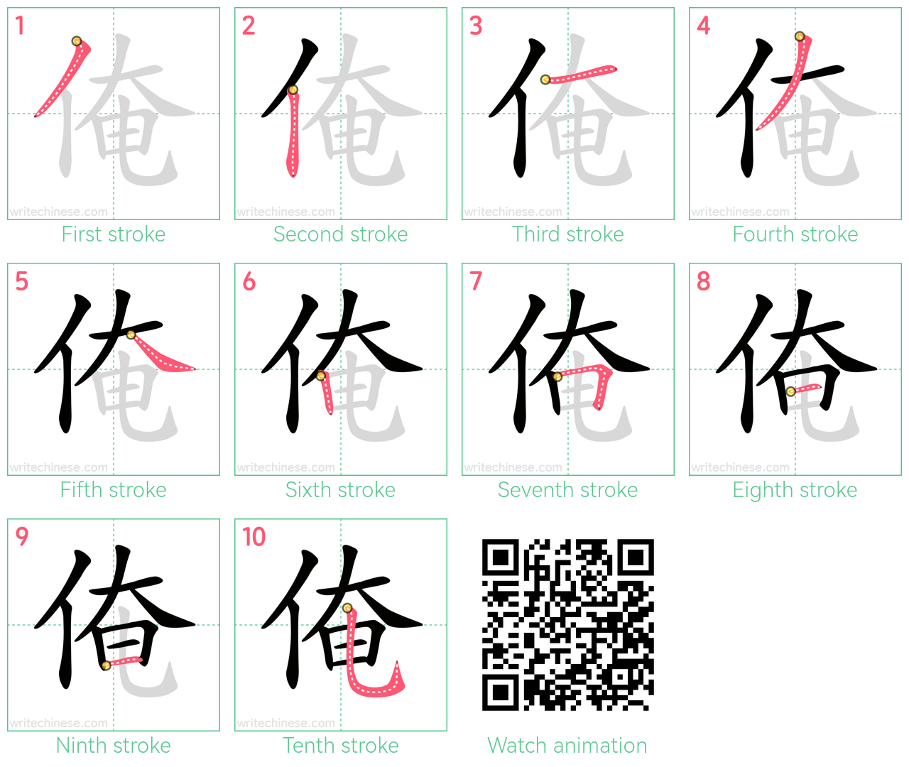 俺 step-by-step stroke order diagrams