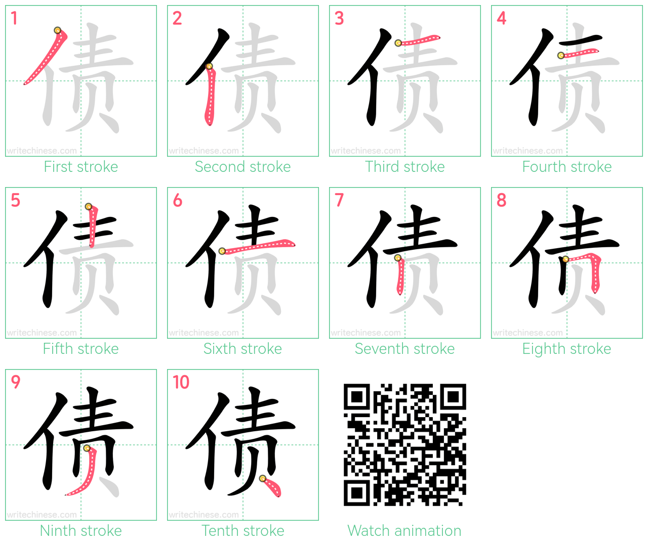 债 step-by-step stroke order diagrams