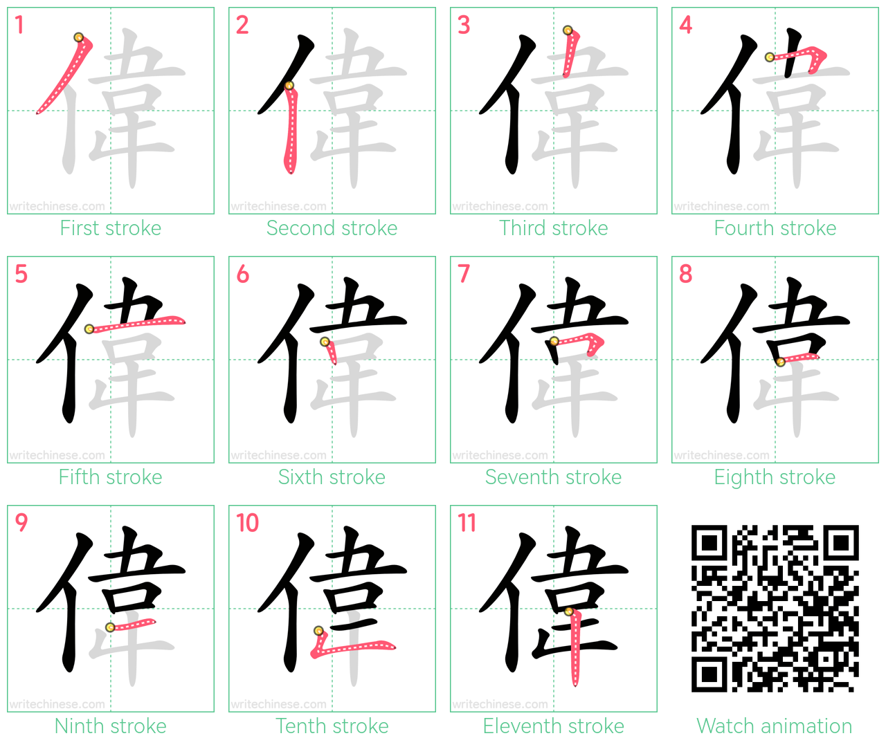 偉 step-by-step stroke order diagrams