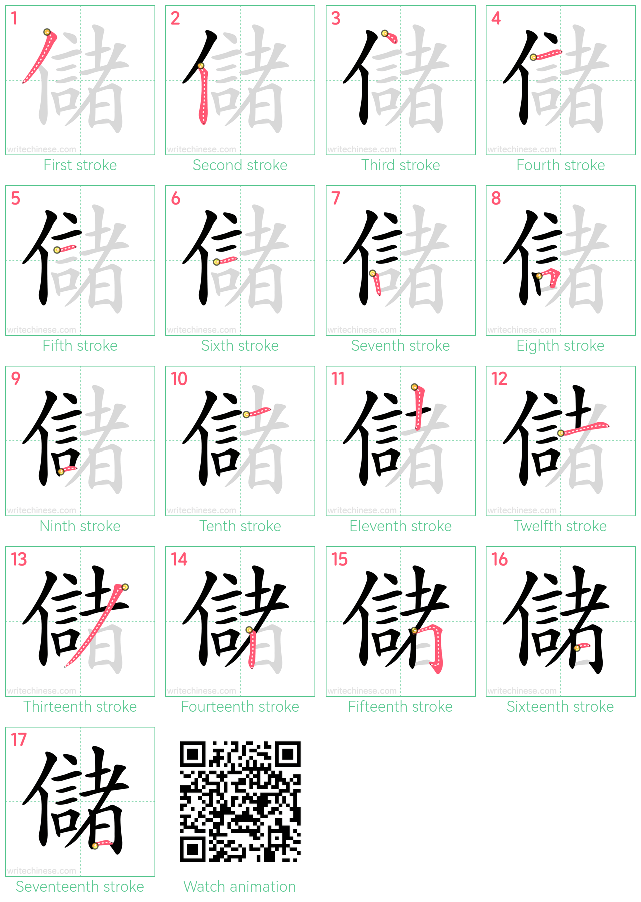 儲 step-by-step stroke order diagrams