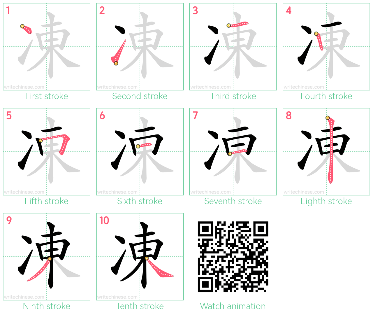 凍 step-by-step stroke order diagrams