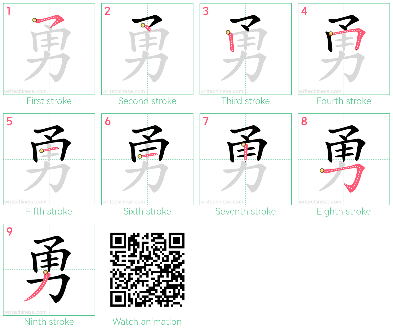 勇 step-by-step stroke order diagrams