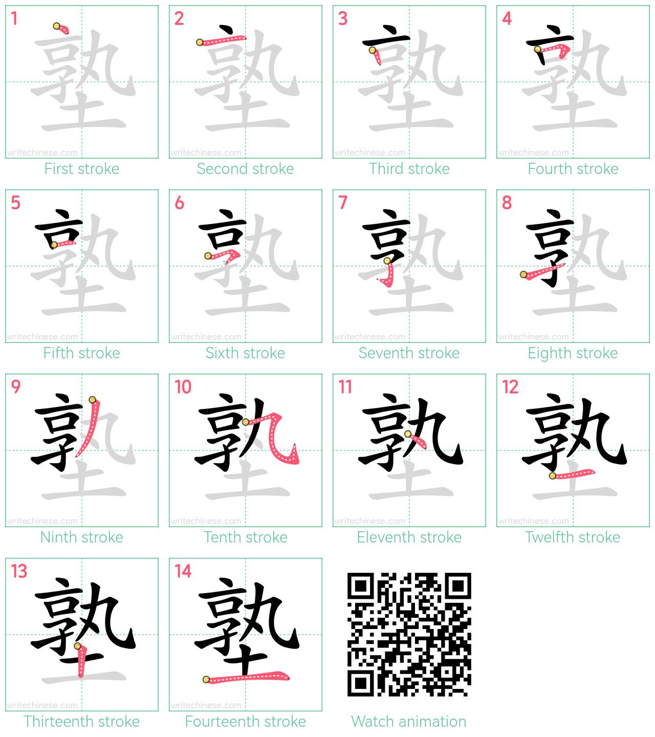 塾 step-by-step stroke order diagrams