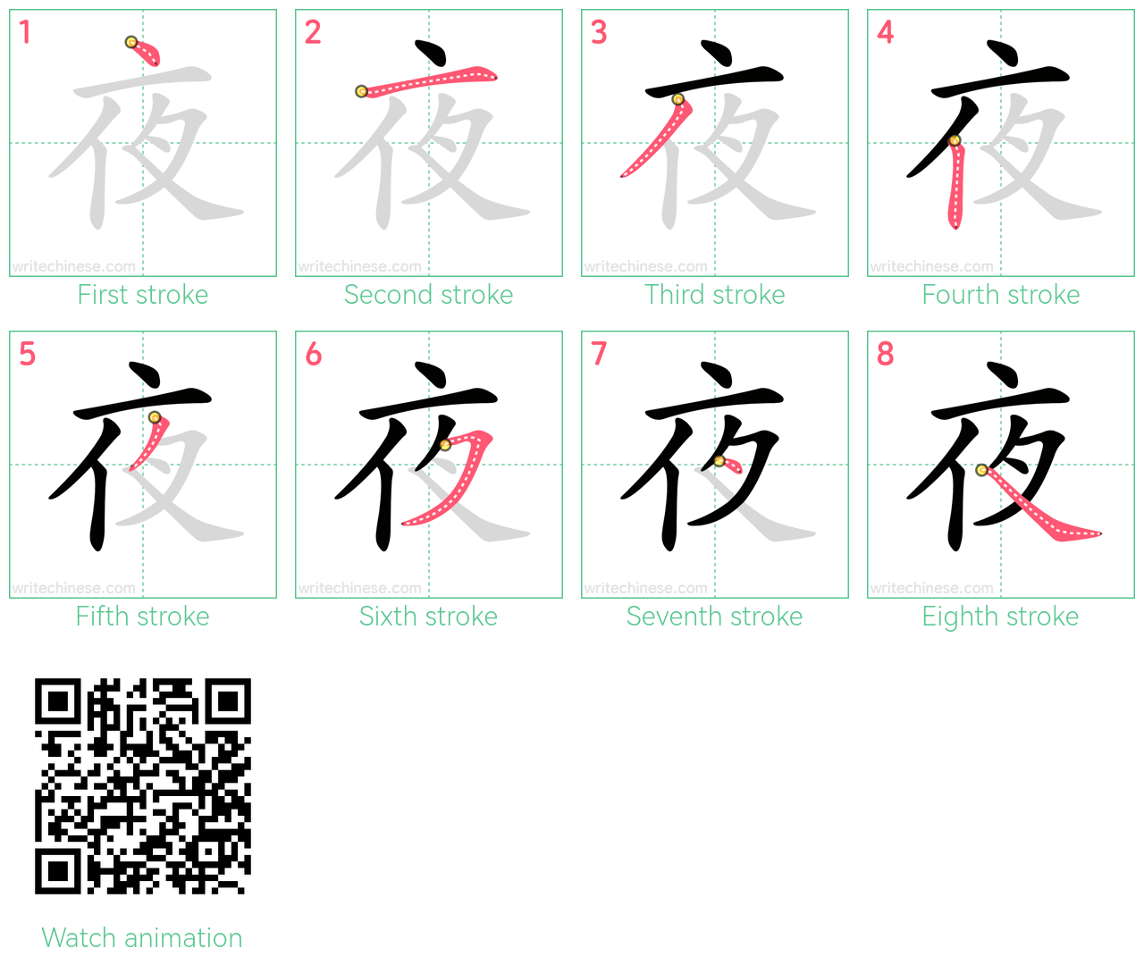 夜 step-by-step stroke order diagrams