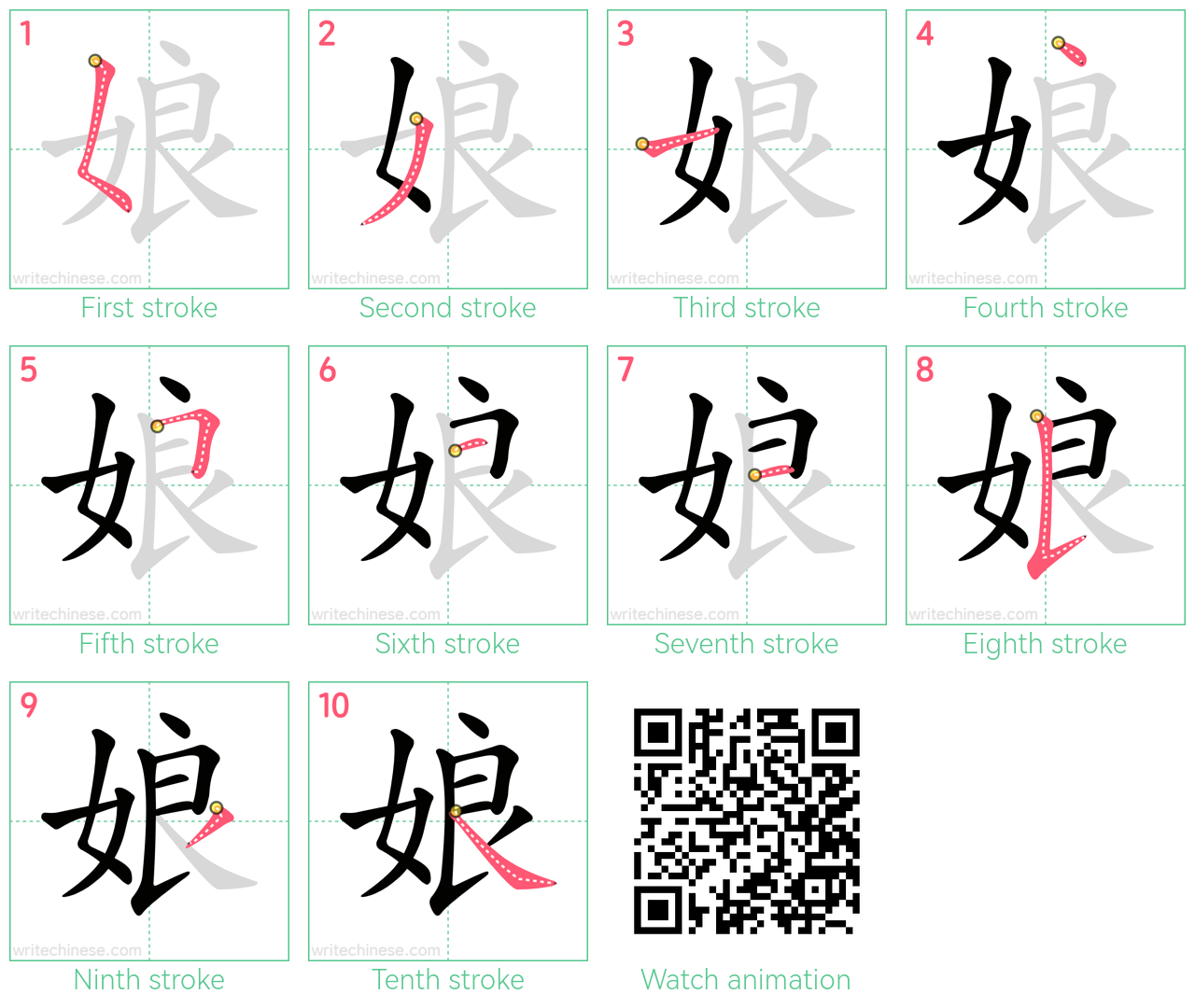 娘 step-by-step stroke order diagrams