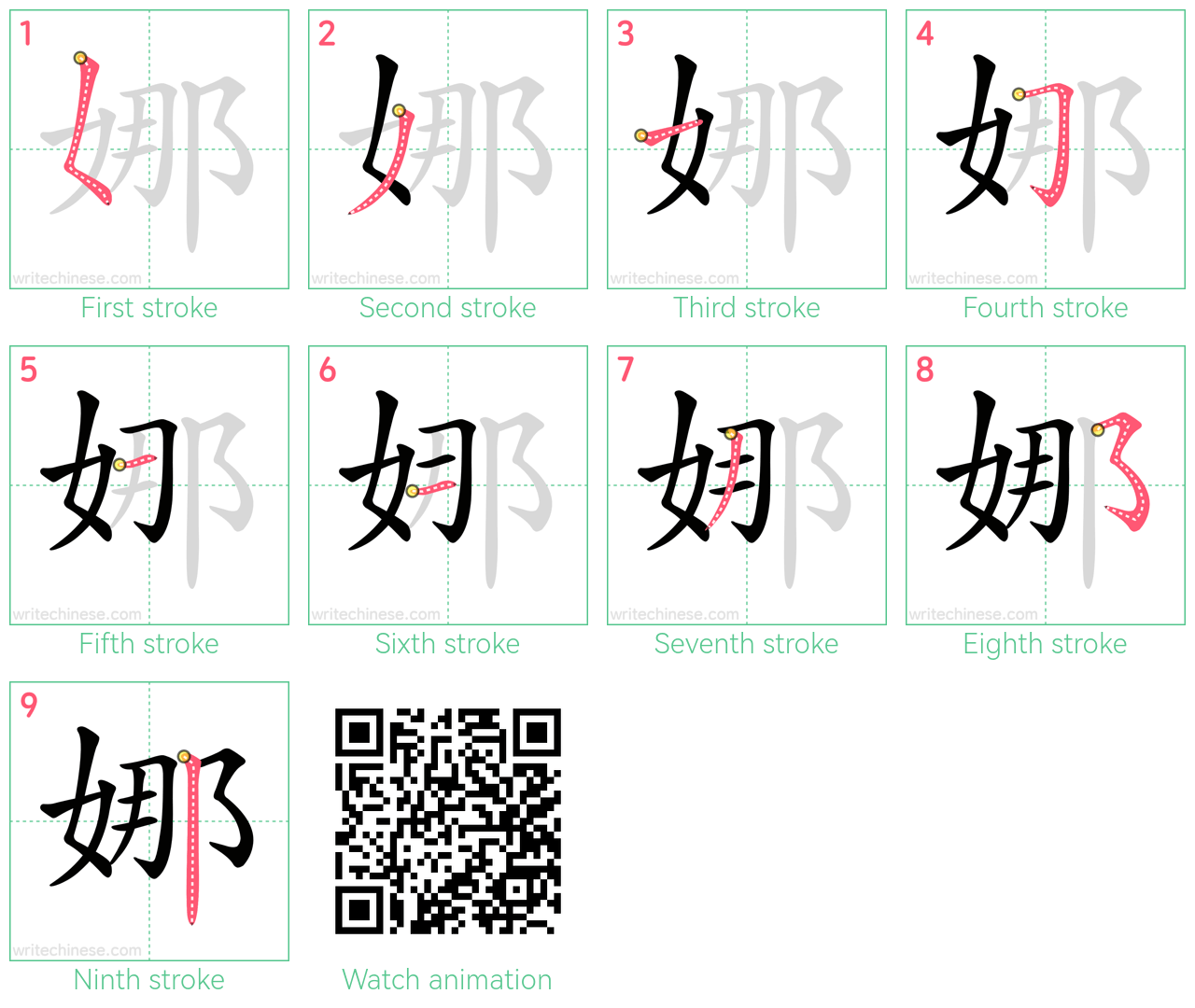 娜 step-by-step stroke order diagrams