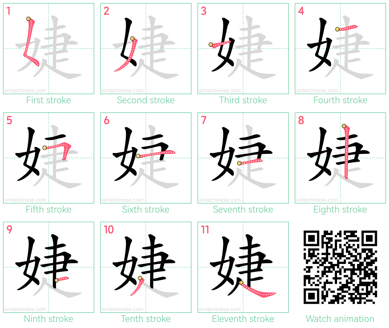 婕 step-by-step stroke order diagrams