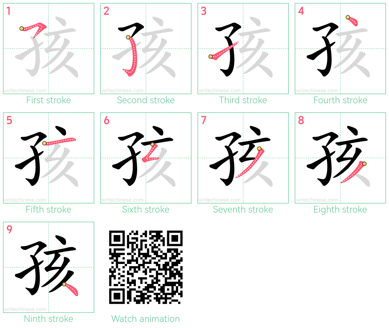 孩 step-by-step stroke order diagrams