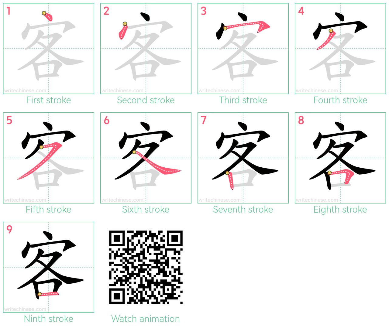 客 step-by-step stroke order diagrams