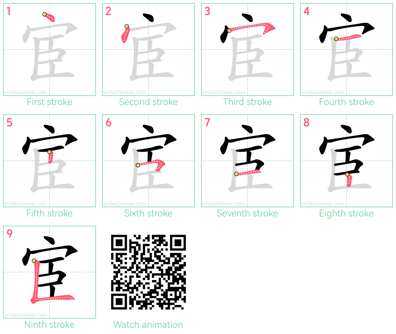 宦 step-by-step stroke order diagrams