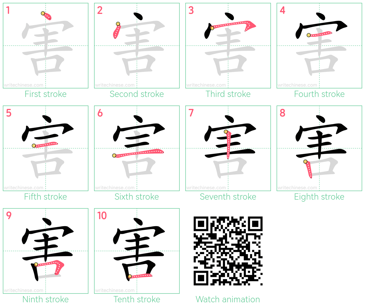 害 step-by-step stroke order diagrams