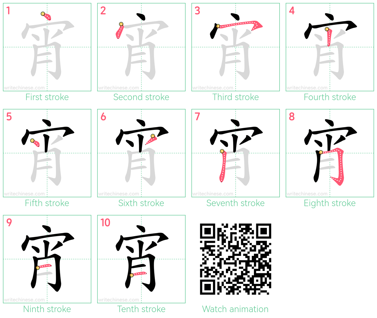 宵 step-by-step stroke order diagrams