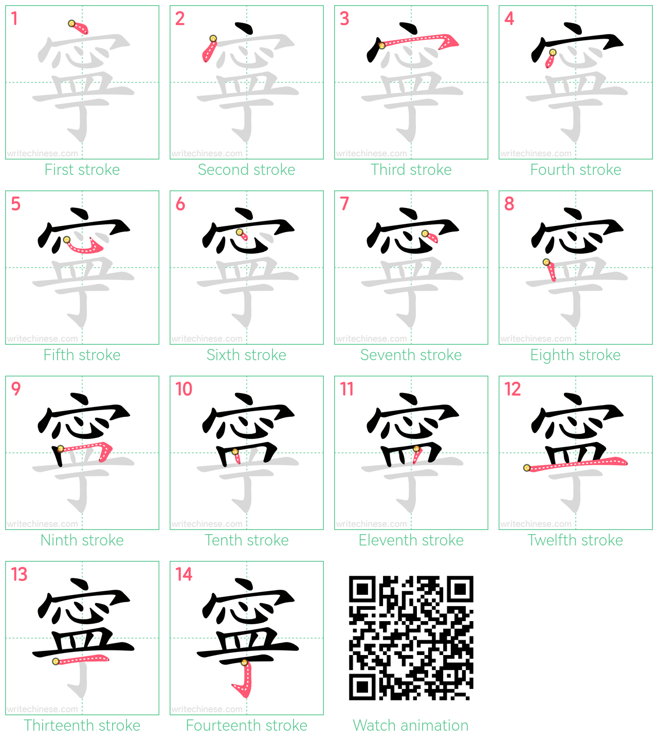 寧 step-by-step stroke order diagrams