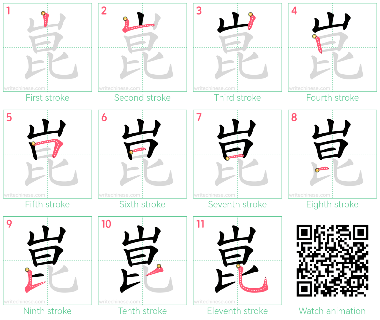 崑 step-by-step stroke order diagrams