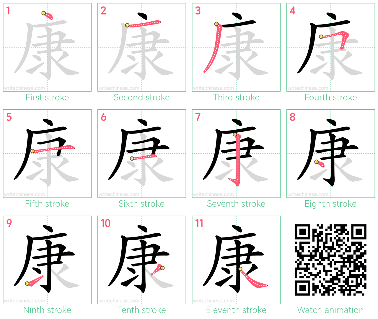 康 step-by-step stroke order diagrams