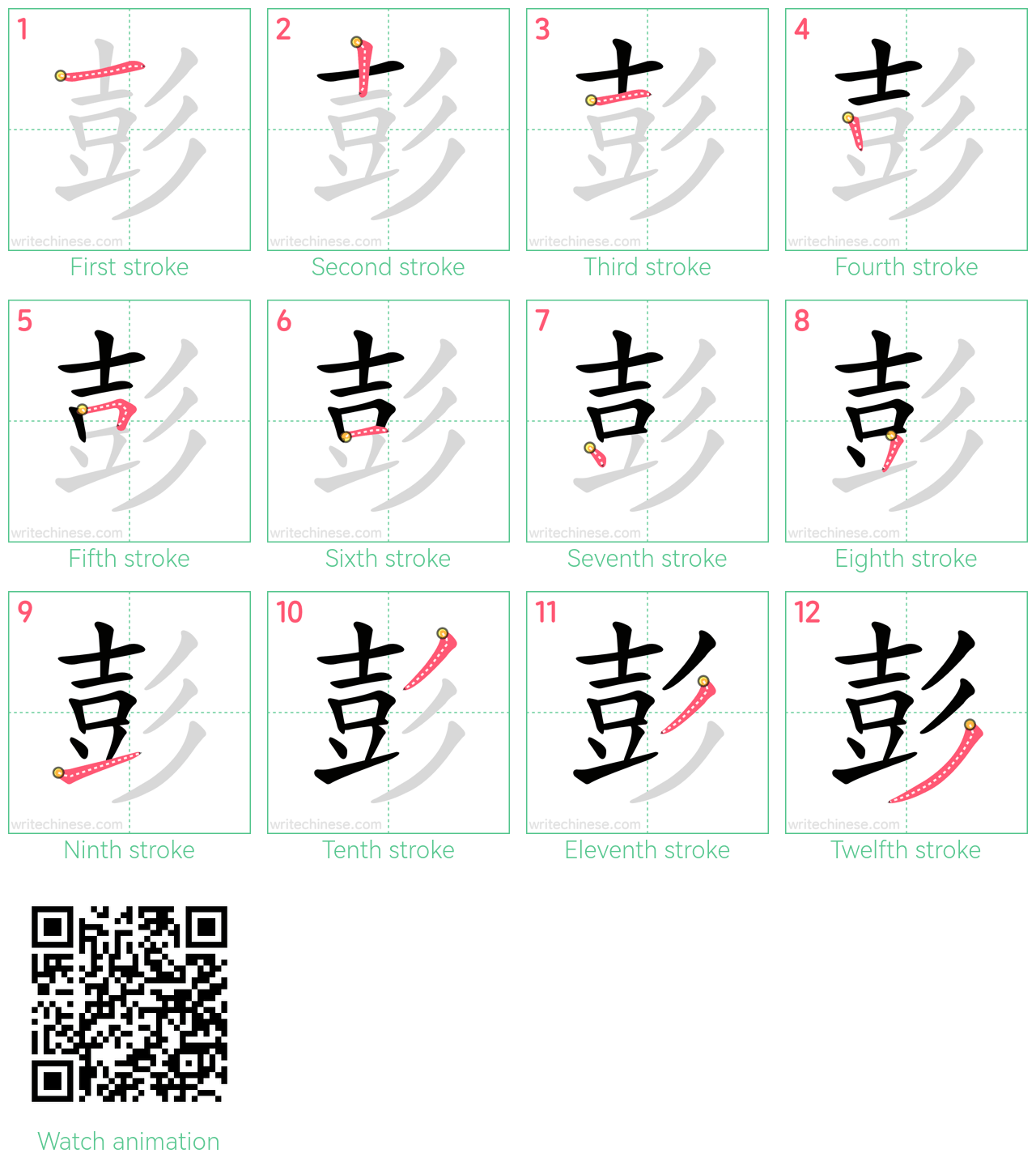 彭 step-by-step stroke order diagrams