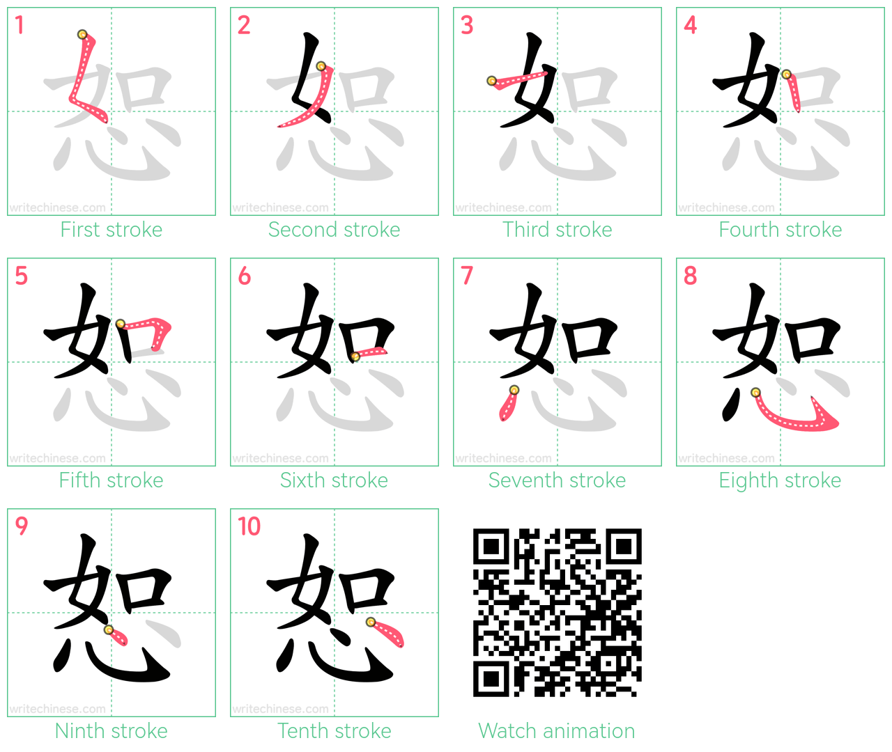 恕 step-by-step stroke order diagrams