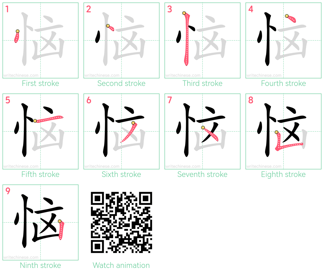 恼 step-by-step stroke order diagrams