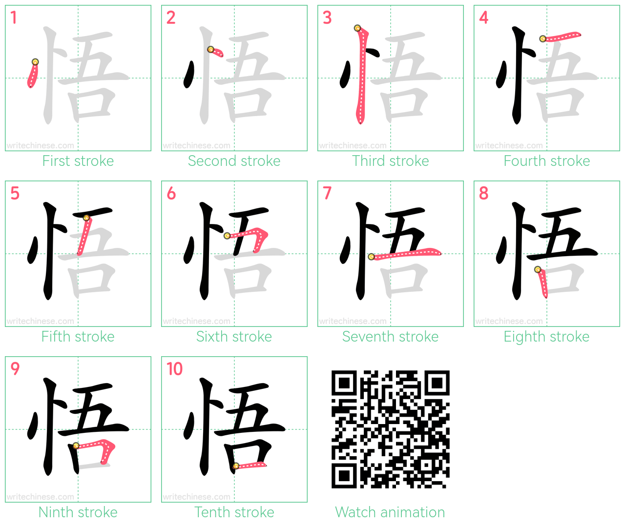 悟 step-by-step stroke order diagrams