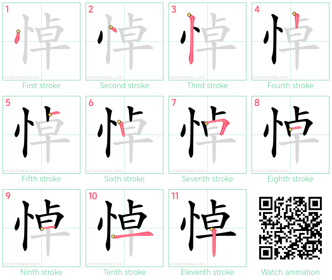 悼 step-by-step stroke order diagrams