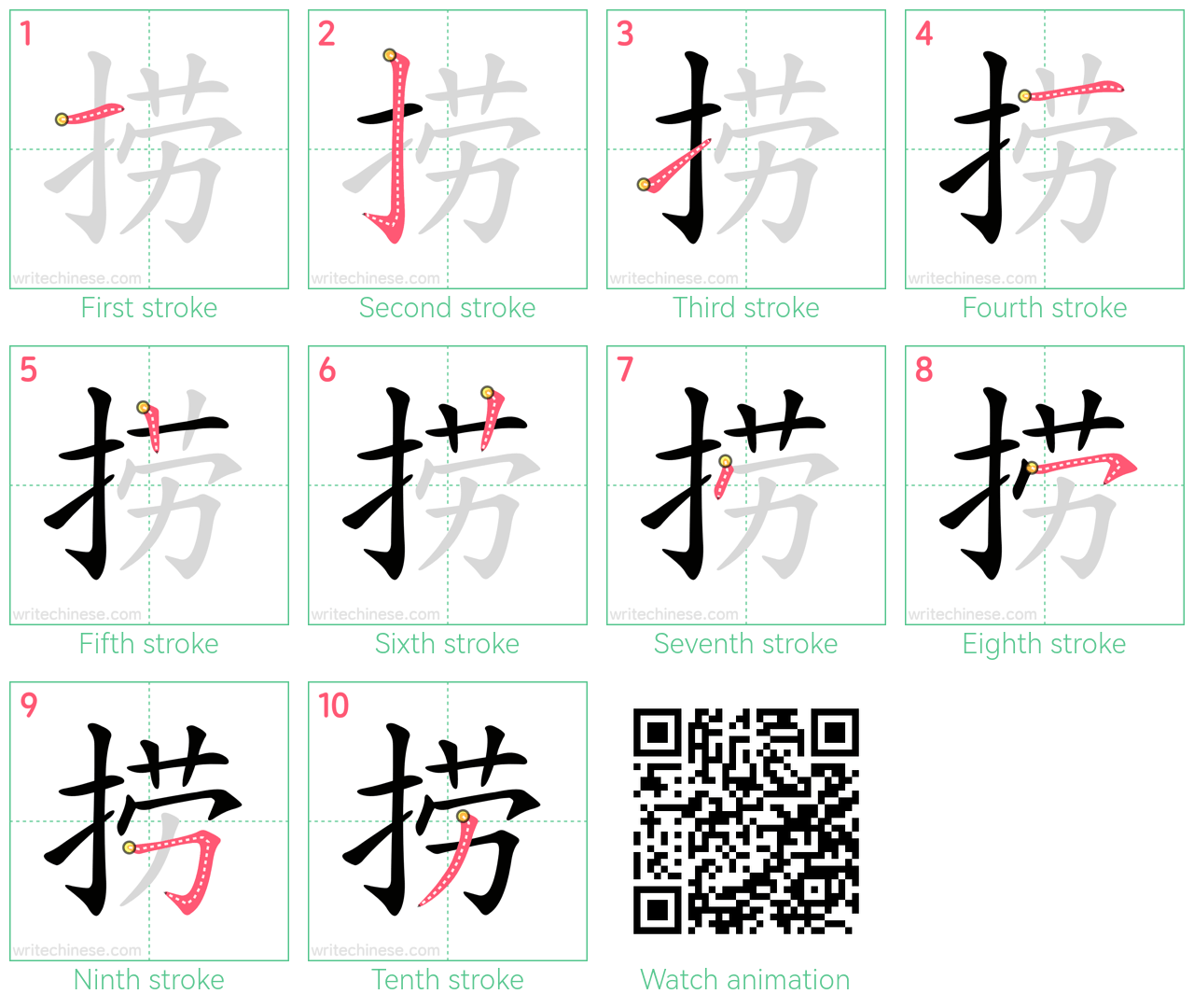 捞 step-by-step stroke order diagrams