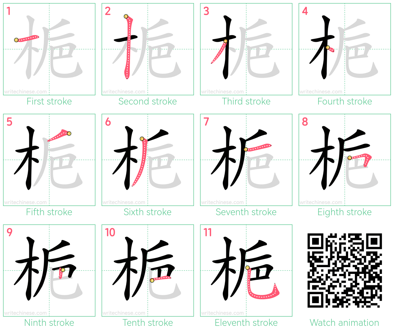 梔 step-by-step stroke order diagrams