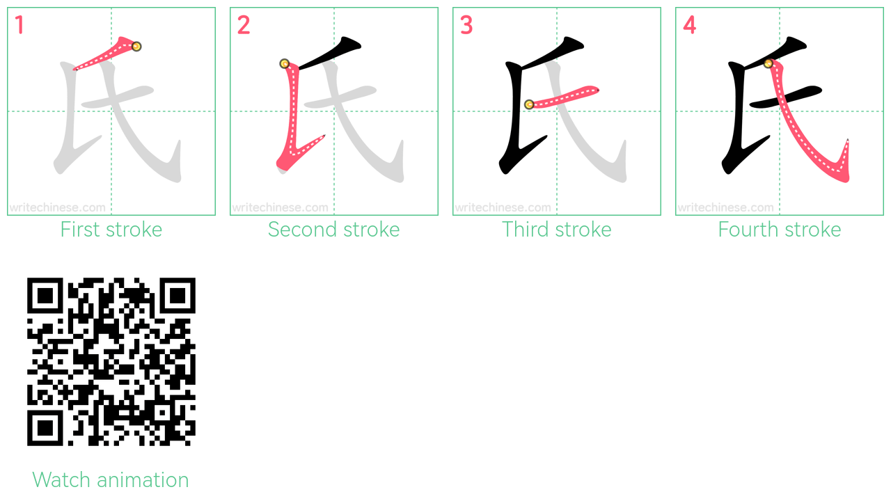 氏 step-by-step stroke order diagrams