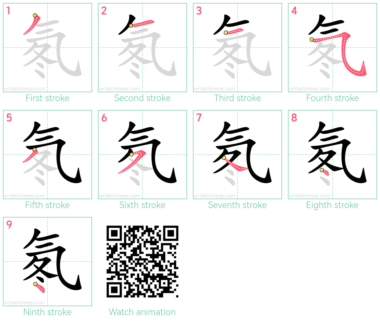 氡 step-by-step stroke order diagrams