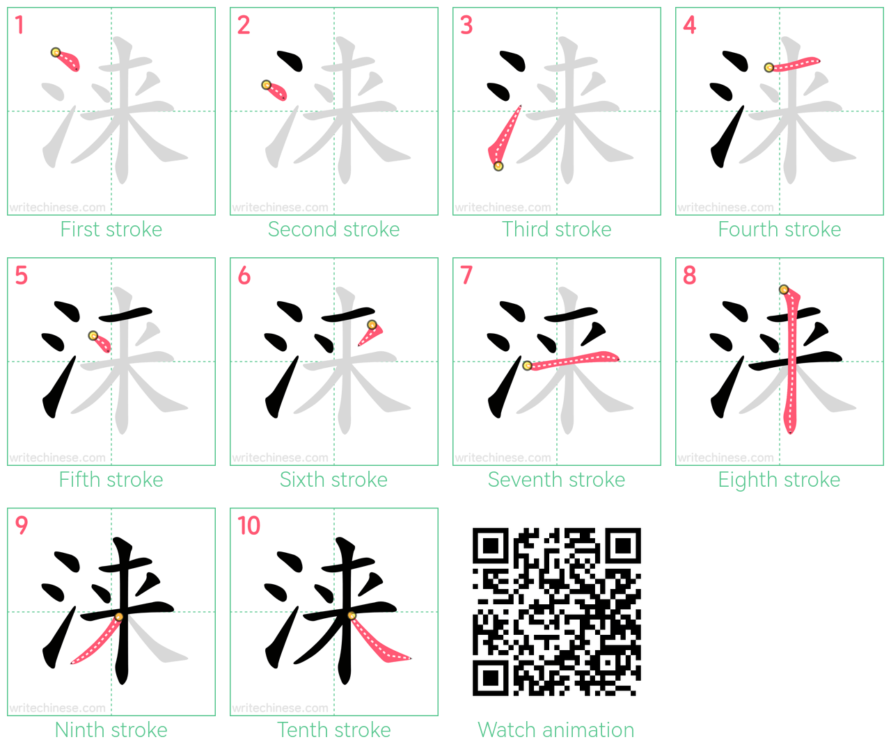 涞 step-by-step stroke order diagrams