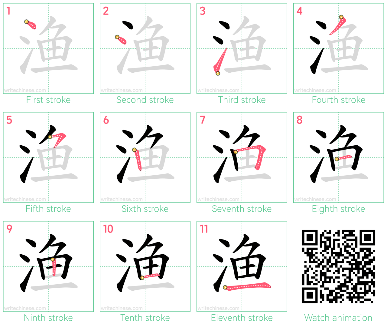 渔 step-by-step stroke order diagrams