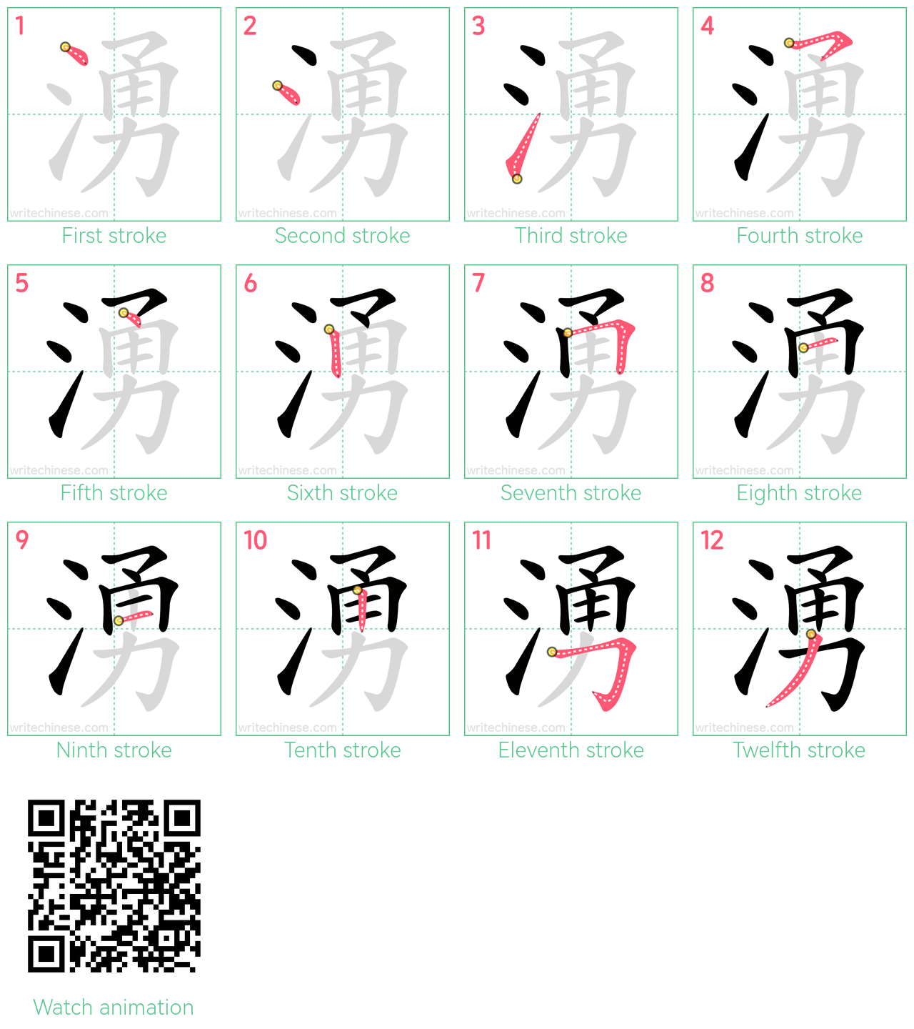 湧 step-by-step stroke order diagrams