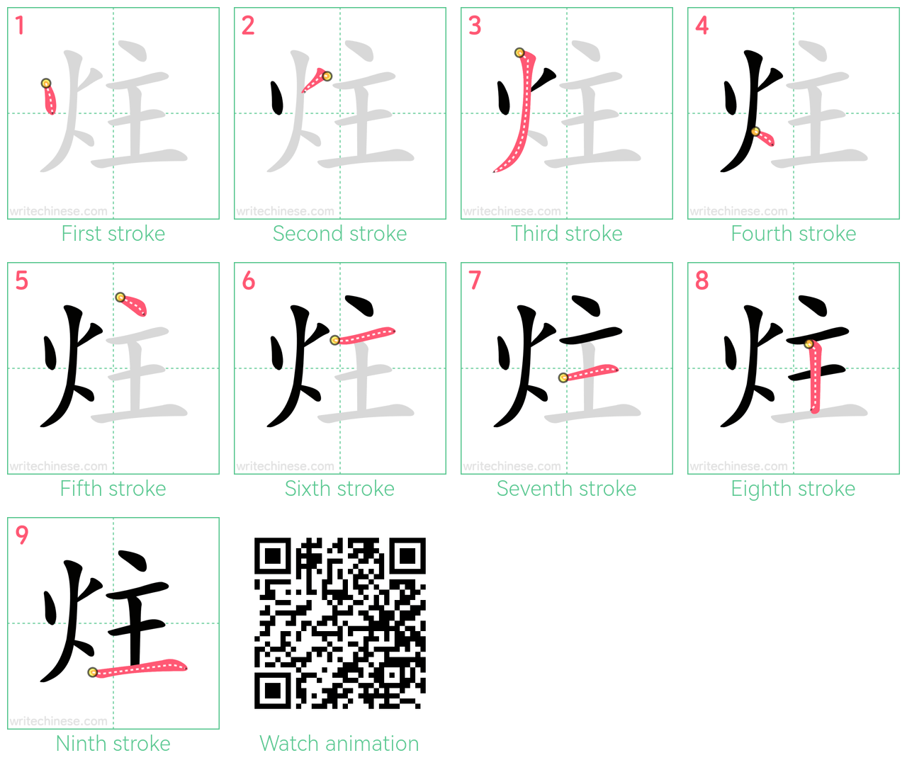 炷 step-by-step stroke order diagrams