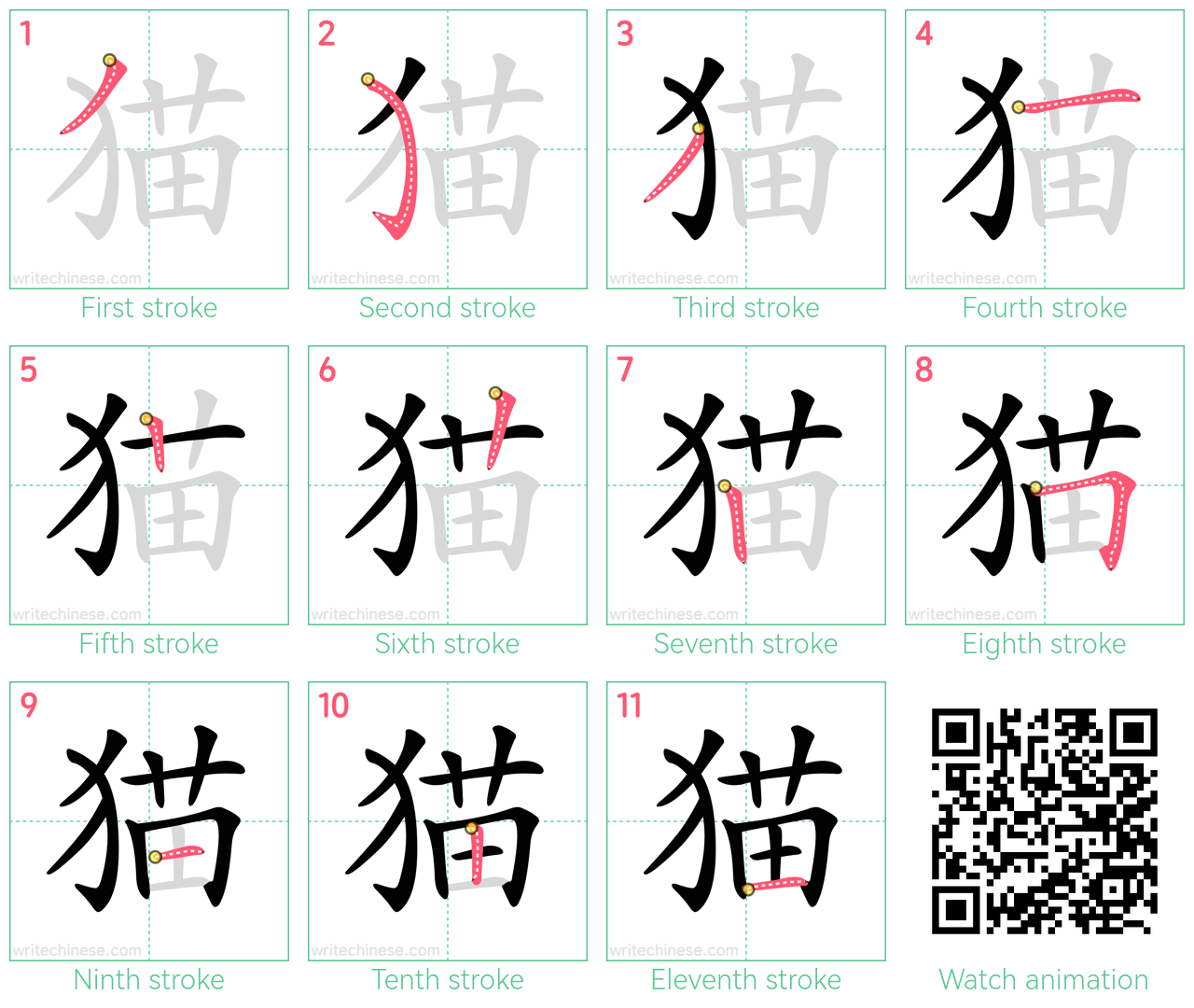 猫 step-by-step stroke order diagrams