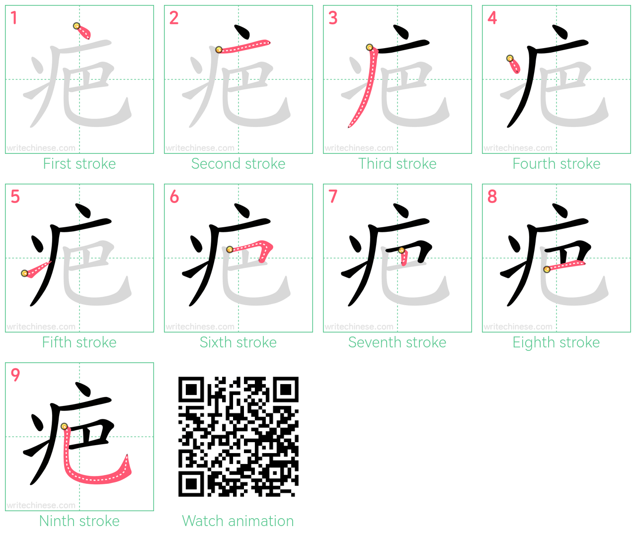 疤 step-by-step stroke order diagrams