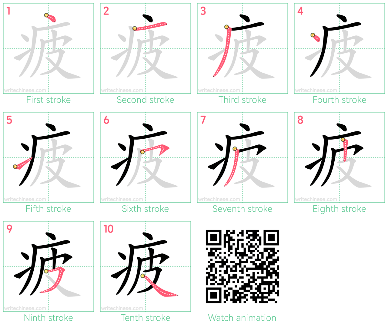 疲 step-by-step stroke order diagrams