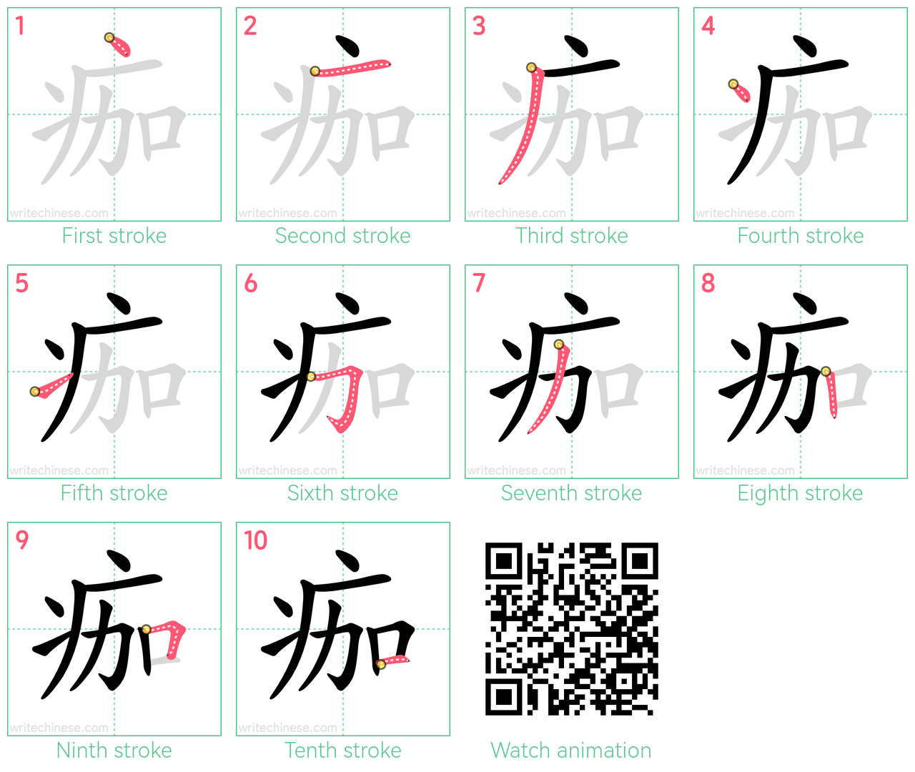 痂 step-by-step stroke order diagrams