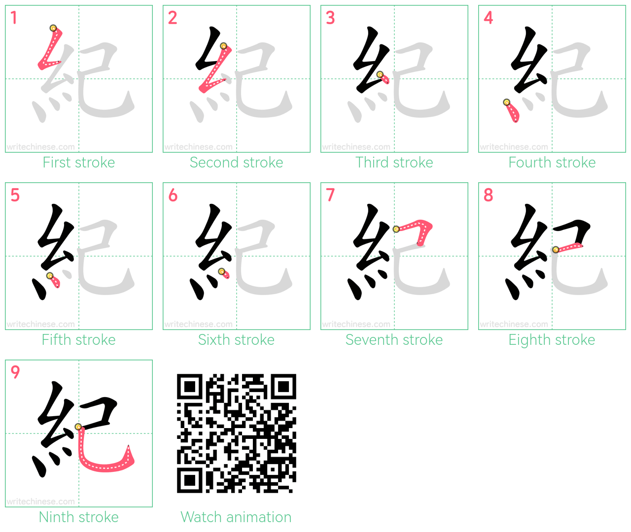 紀 step-by-step stroke order diagrams