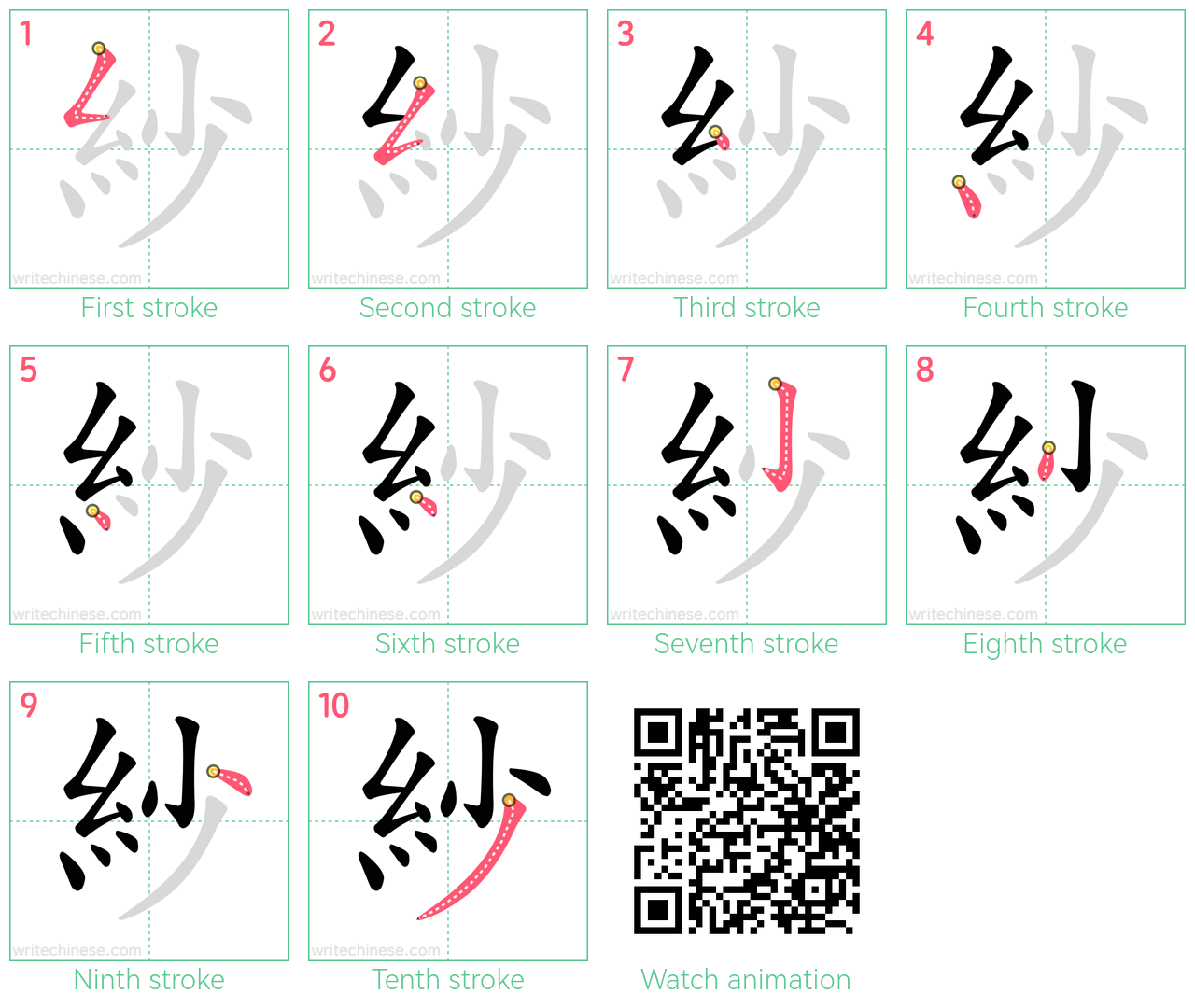 紗 step-by-step stroke order diagrams
