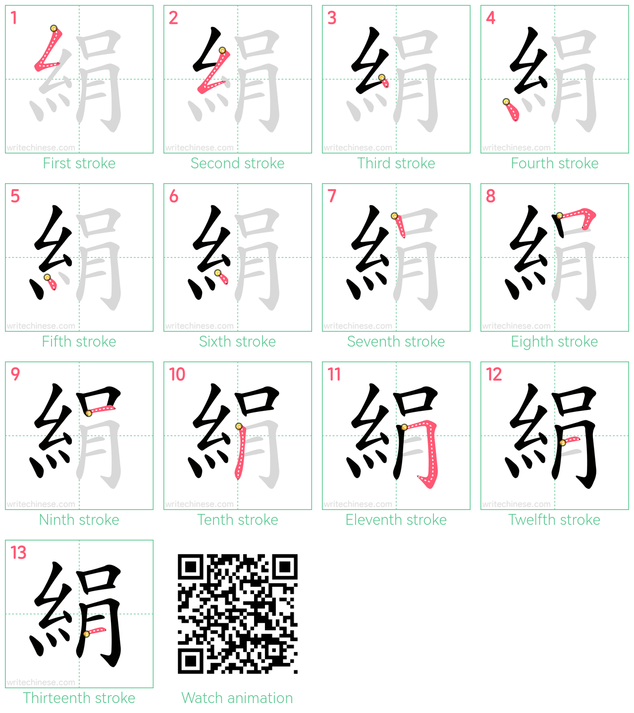 絹 step-by-step stroke order diagrams