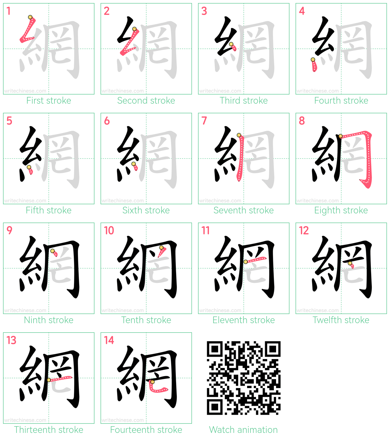 網 step-by-step stroke order diagrams