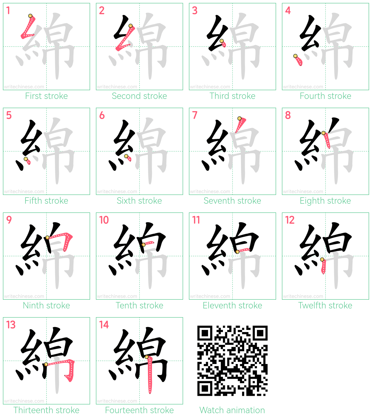 綿 step-by-step stroke order diagrams