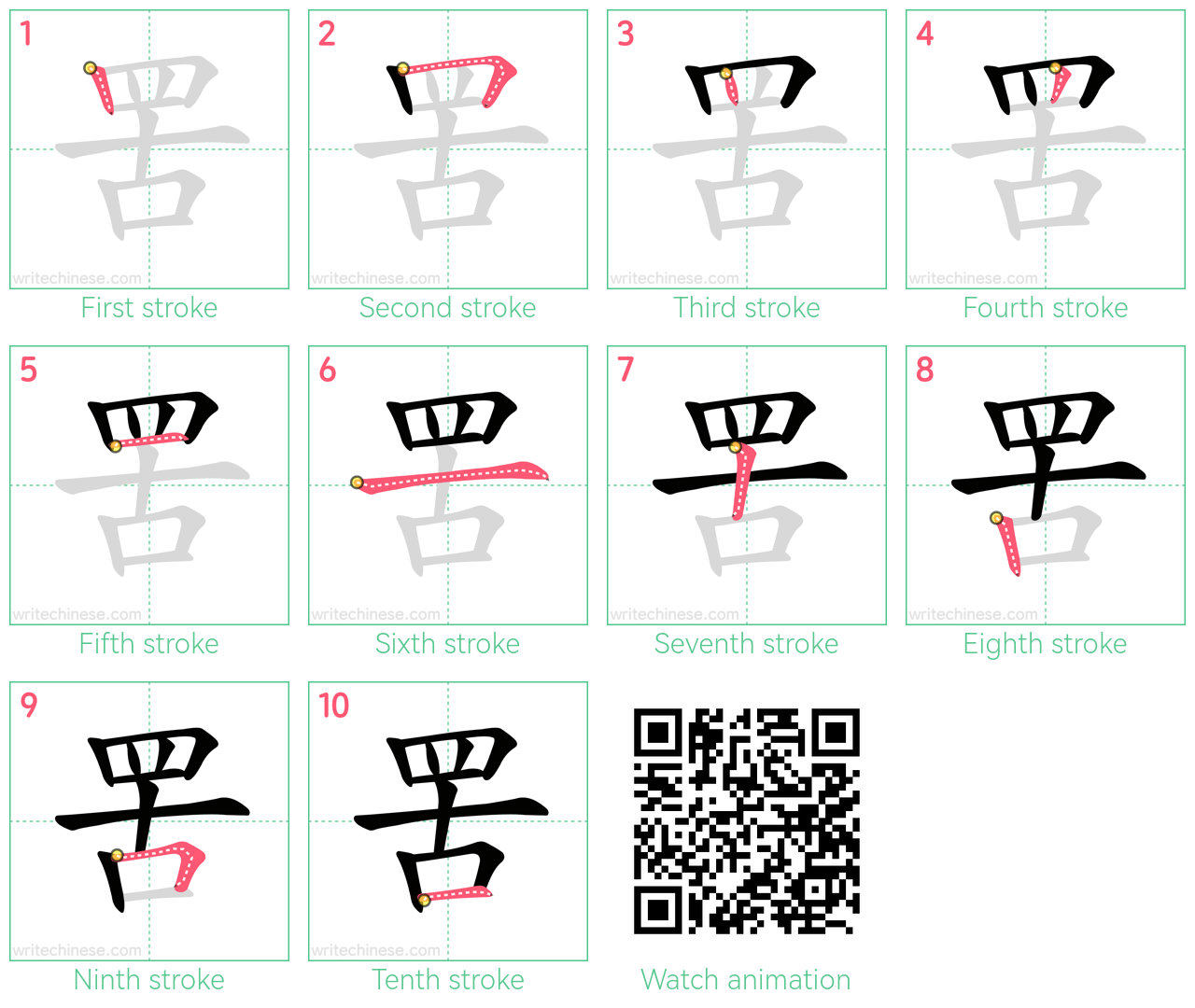 罟 step-by-step stroke order diagrams