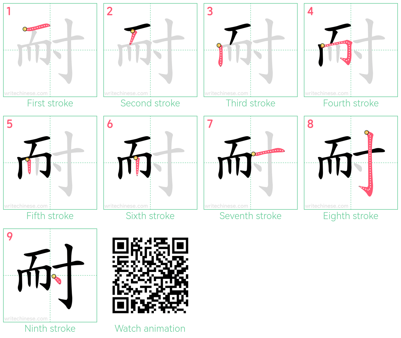 耐 step-by-step stroke order diagrams