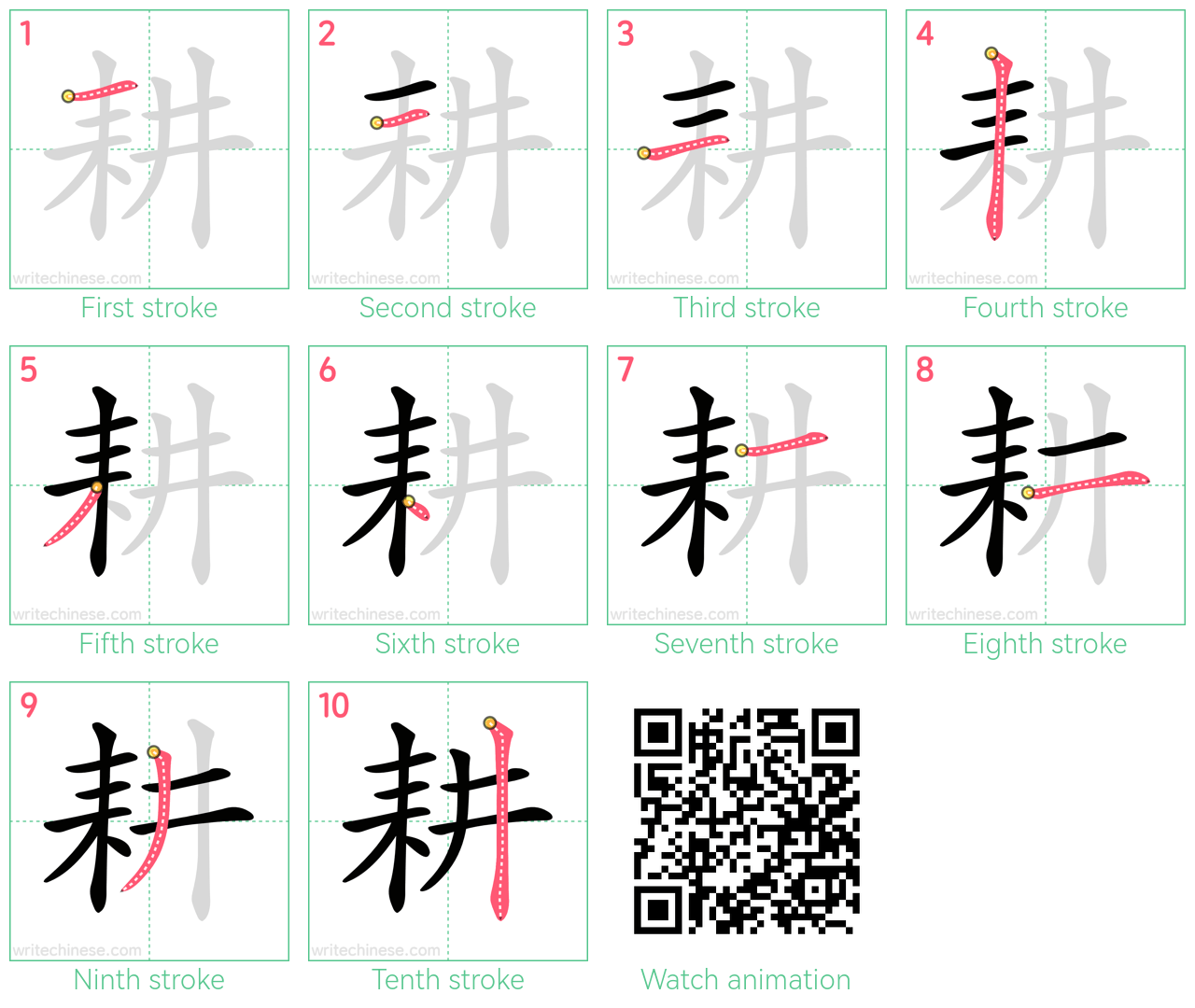 耕 step-by-step stroke order diagrams