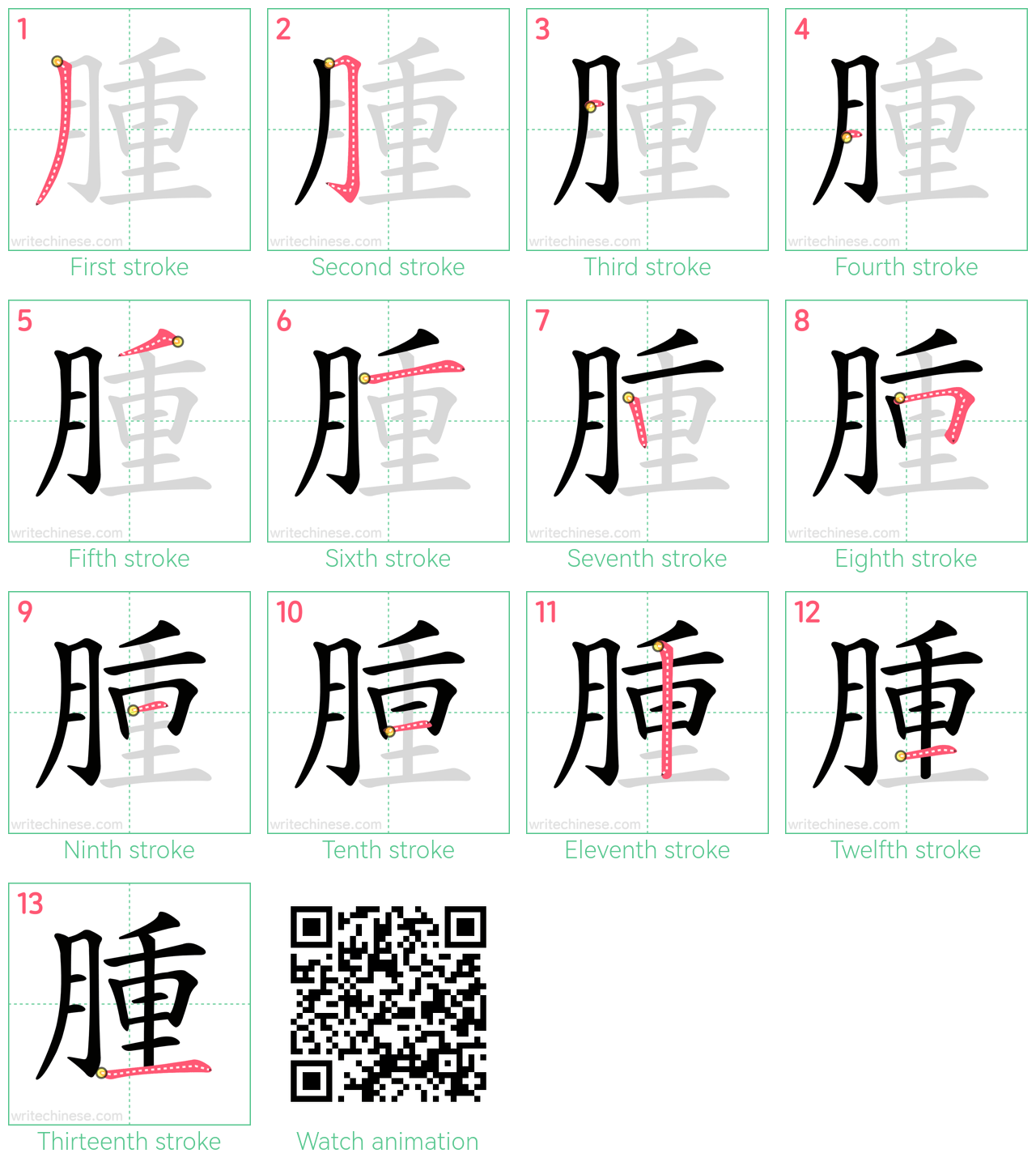 腫 step-by-step stroke order diagrams