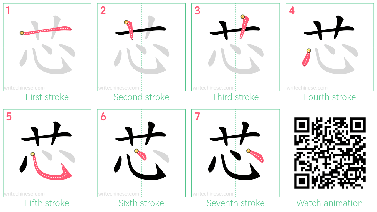 芯 step-by-step stroke order diagrams