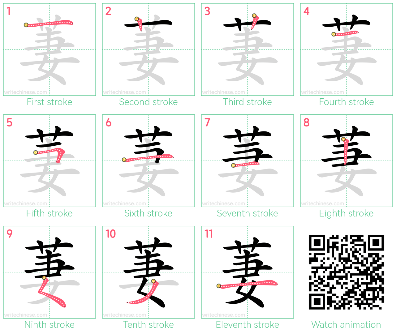 萋 step-by-step stroke order diagrams